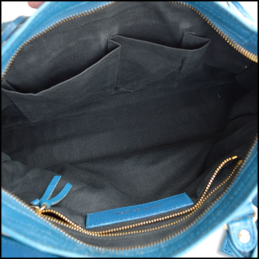 RDC13476 Authentic BALENCIAGA Bleu Goatskin Gold Metallic Edge City Crossbody
