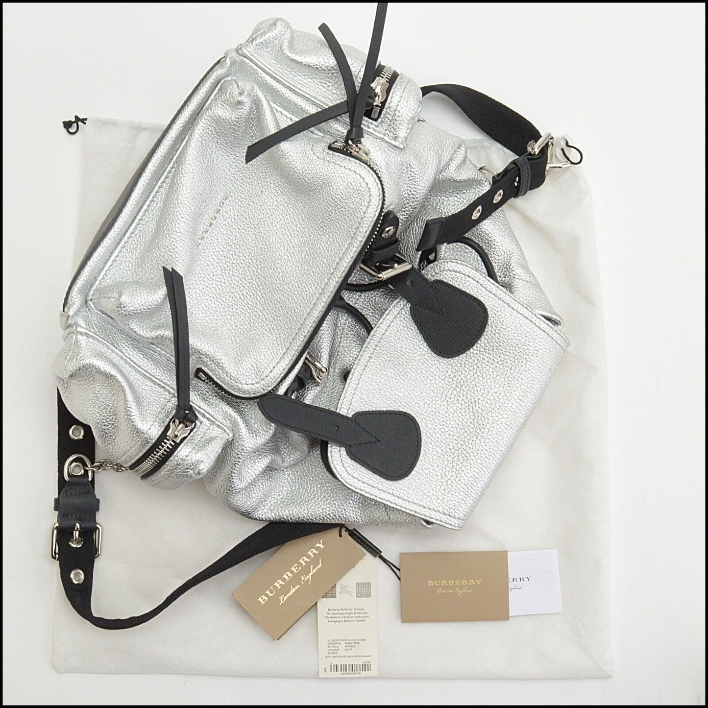 RDC13652 Authentic BURBERRY Silver Metallic Deerskin Leather Rucksack Pockets Backpack