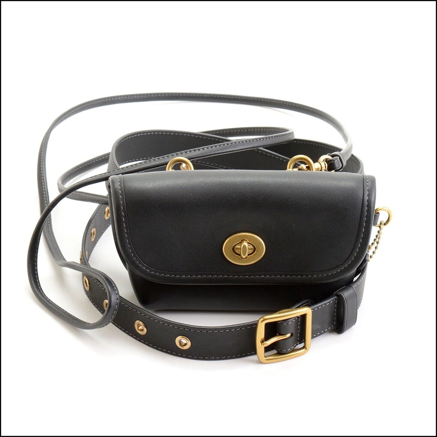 RDC13655 Authentic COACH Black GloveTanned Leather Crossbody Belt Bag