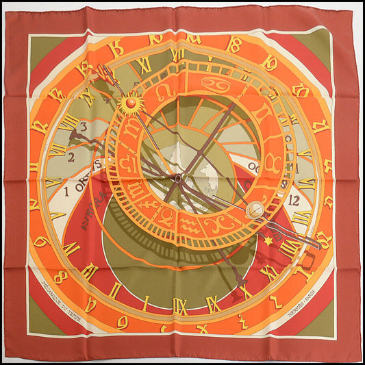 RDC13359 Authentic HERMES Red/Multicolor Mecanique du Temps 90cm Silk Scarf