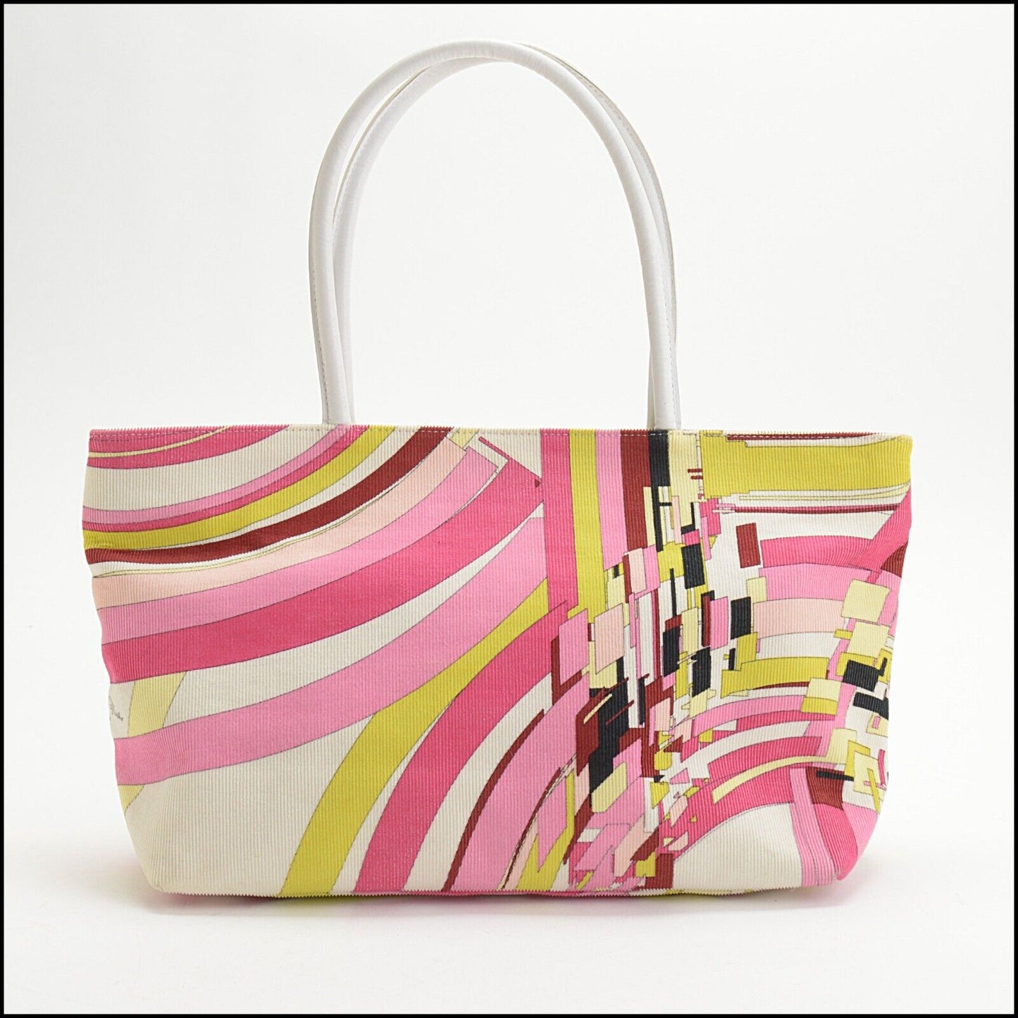 RDC13672 Authentic EMILIO PUCCI White Trim Pink and Green Corduroy Tote Bag