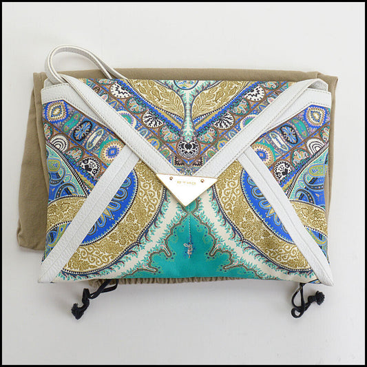 RDC13437 Authentic ETRO White Leather Blue/Green Paisley Print Envelope Clutch