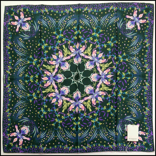 RDC11652 Authentic GIVENCHY Black Hypnotic Kaleidoscopic Iris Floral Silk Scarf