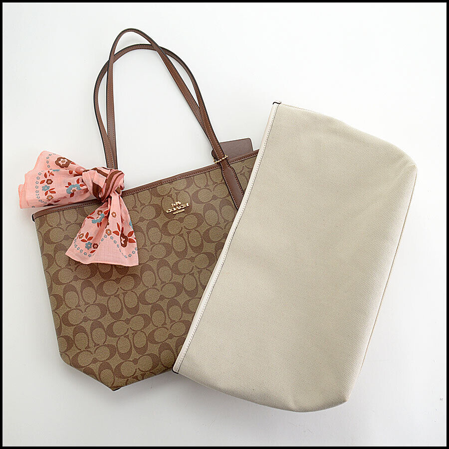 RDC12938 Authentic COACH Brown Signature Canvas City Tote w/ Insert & Scarf