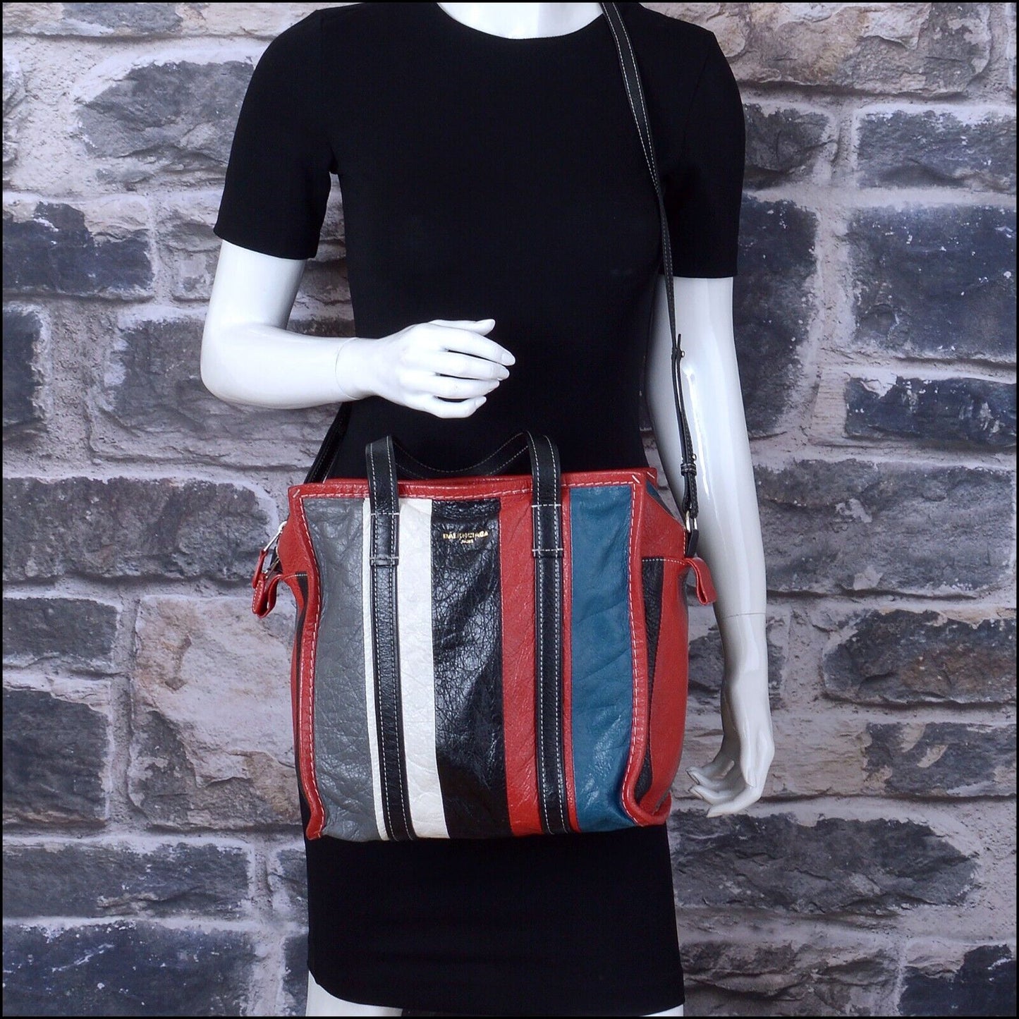 RDC13599 Authentic BALENCIAGA Multicolored Striped Leather Small Bazaar Tote Bag