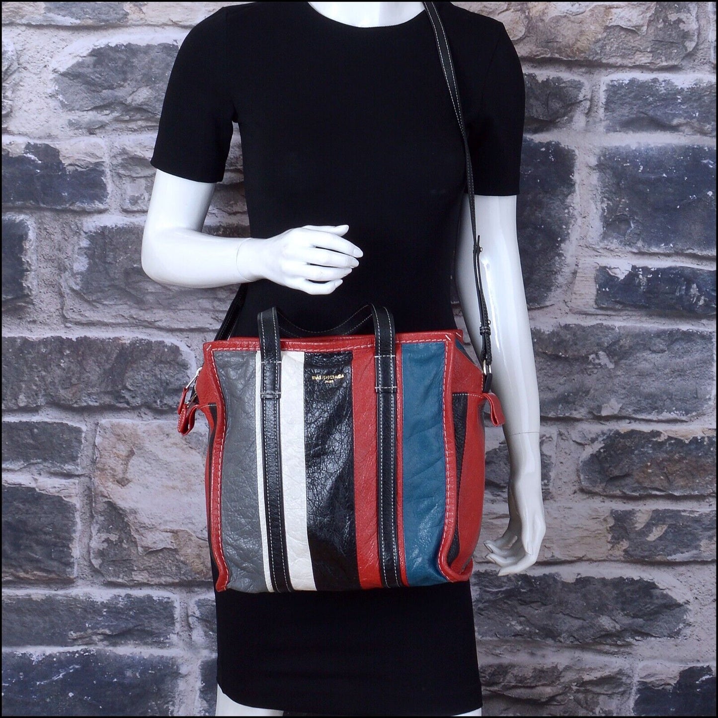 RDC13599 Authentic BALENCIAGA Multicolor Striped Leather Bazar Small Tote Bag with Strap
