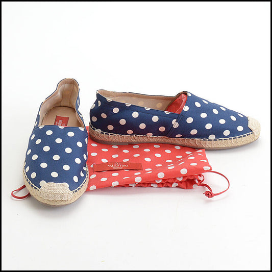 RDC13280 Authentic Valentino Blue/Ivory Polka Dot Fabric Espadrilles Size 38