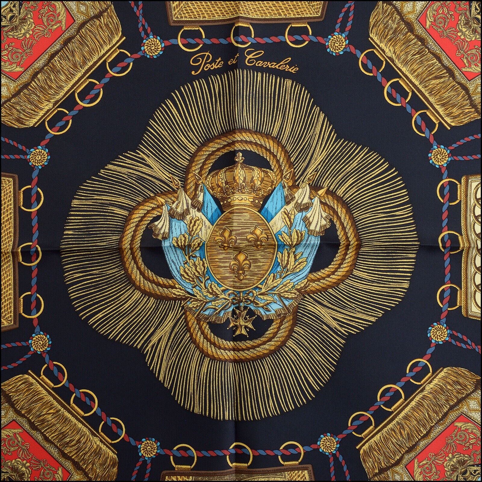 RDC13585 Authentic HERMES Black Poste Et Cavalerie 90cm Silk
