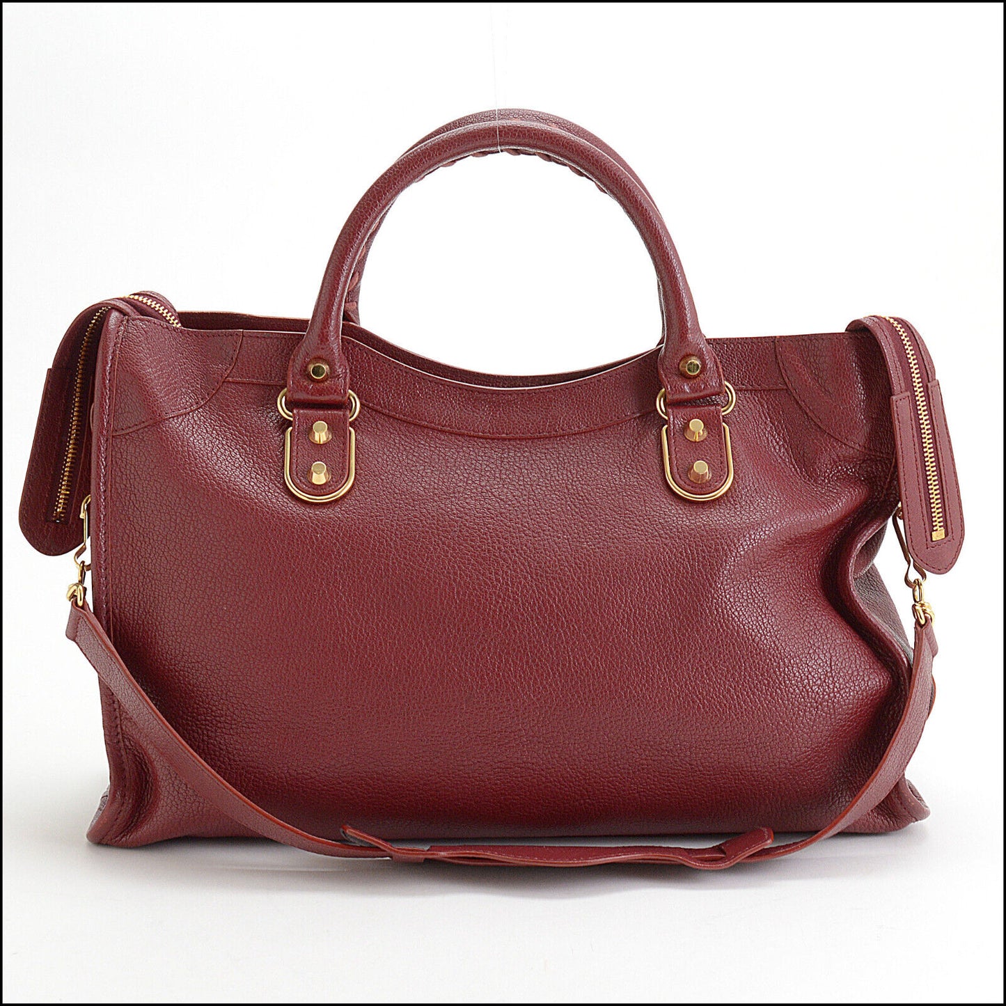 RDC13557 Authentic BALENCIAGA Red Hamilton Chevre Gold Metallic Edge City Bag