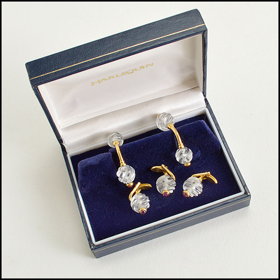 RDC8297 Carved Rock Crystal/Ruby Cabochon/18K Gold Cufflinks & Buttons Dress Set