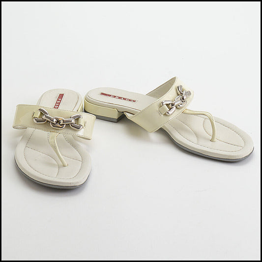 RDC13493 Authentic PRADA SPORT Ivory Patent Chain T-Strap Sandals size 38.5