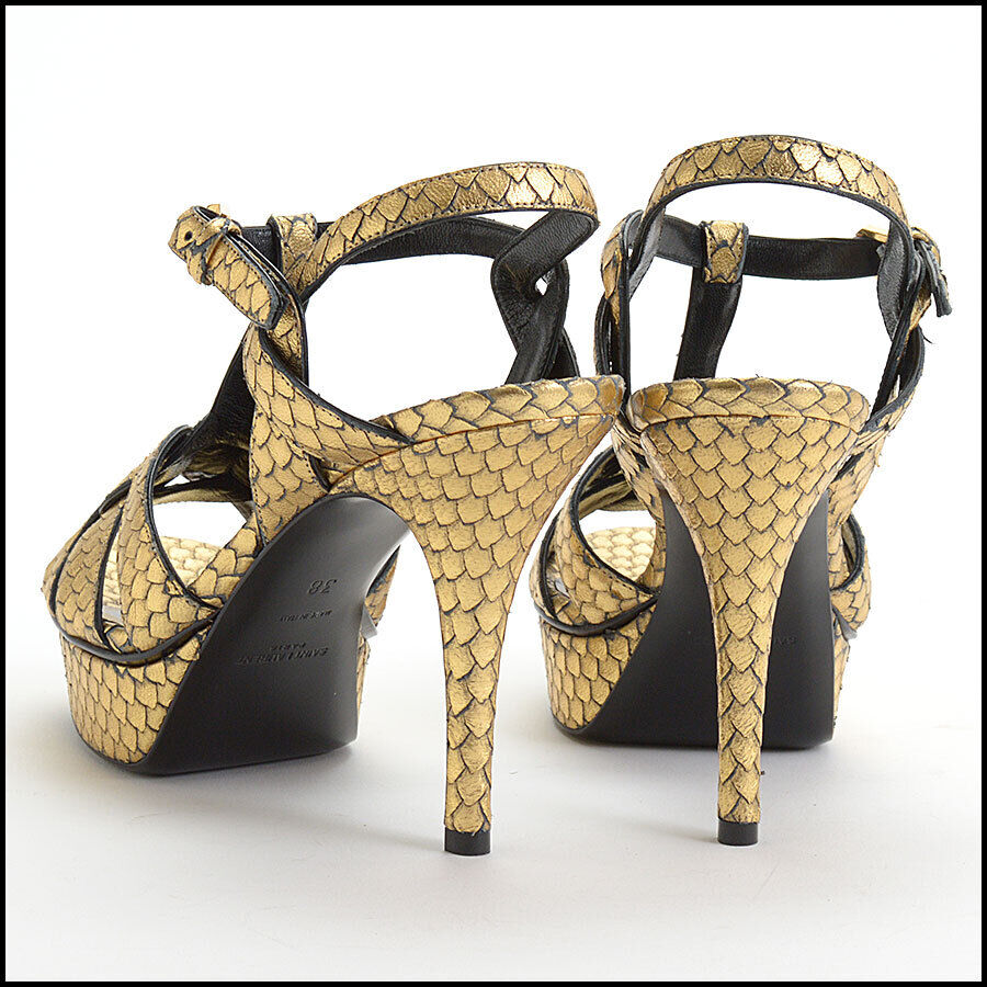 RDC13113 Authentic YSL Gold York Lame T-Strap High Heels Size 38