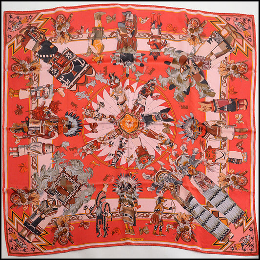 RDC13290 Authentic Hermes Red/Multicolor Kachinas Wash Carre' Silk Scarf