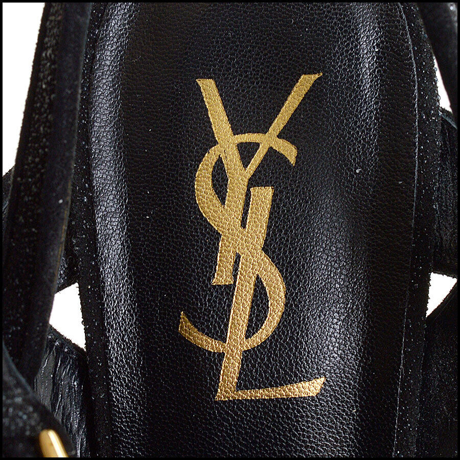 RDC13110 Authentic YSL Black Sparkle Suede High Heel Cynoo Strap Sandals Size 38
