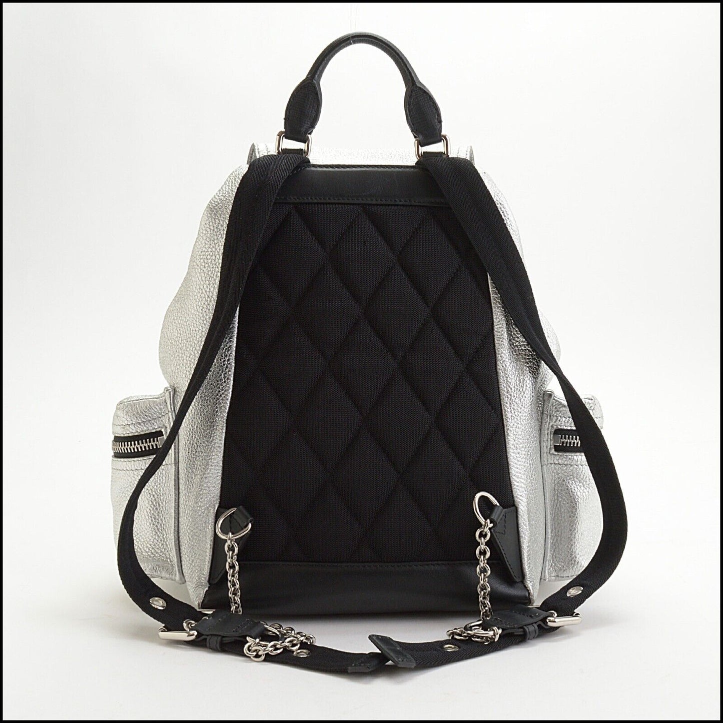 RDC13652 Authentic BURBERRY Silver Metallic Deerskin Leather Rucksack Pockets Backpack