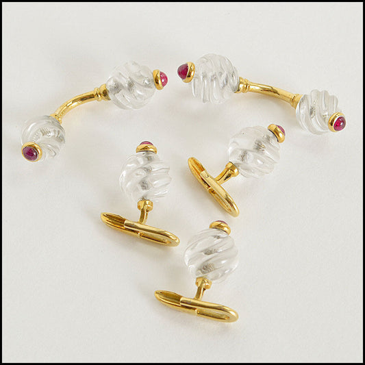 RDC08297 Carved Rock Crystal Ruby Cabochon 18K Gold 2 Cufflinks & 3 Buttons Dress (5 pc Set)