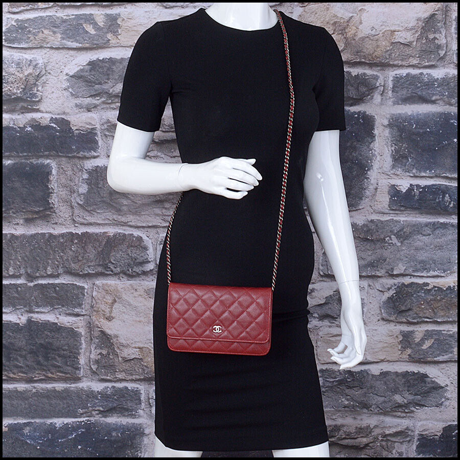 RDC13426 Authentic CHANEL Rich Red Caviar Leather Wallet On Chain WOC