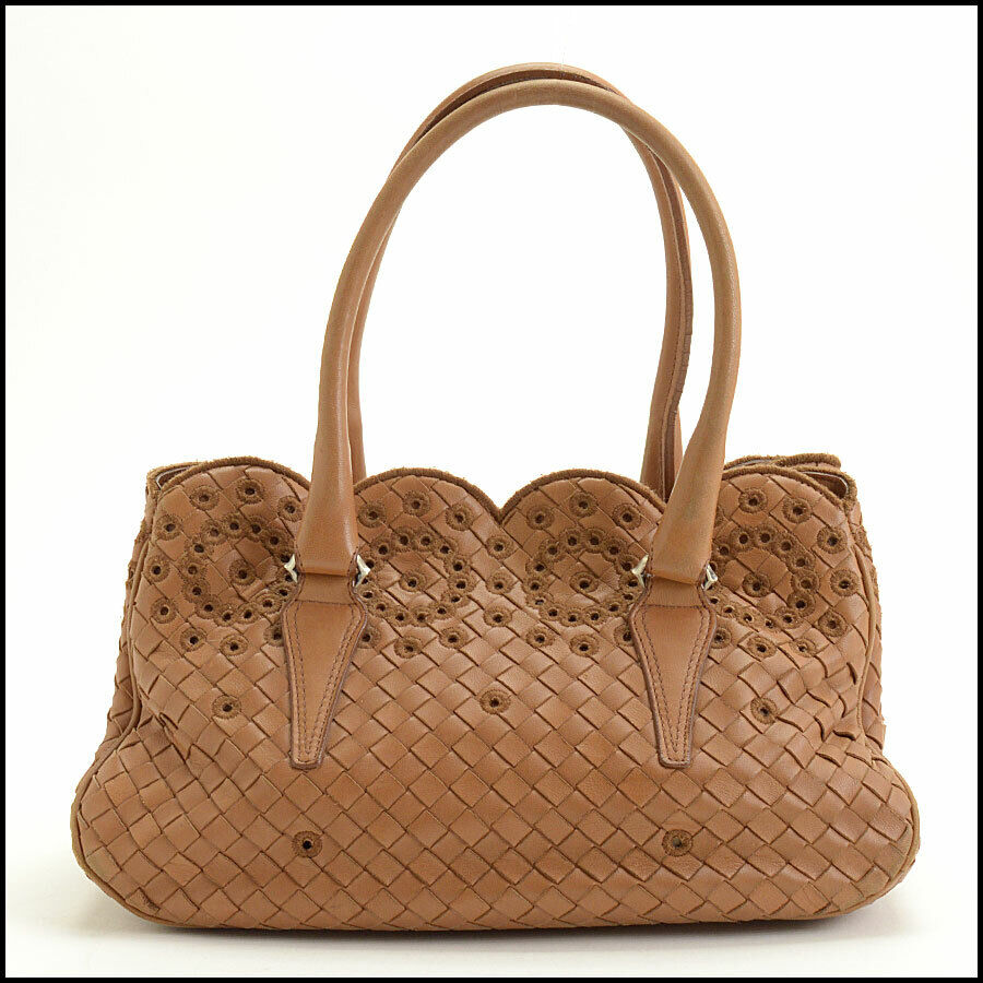 RDC12096 Authentic BOTTEGA VENETA Brown Intrecciato Scalloped Top Satchel Bag