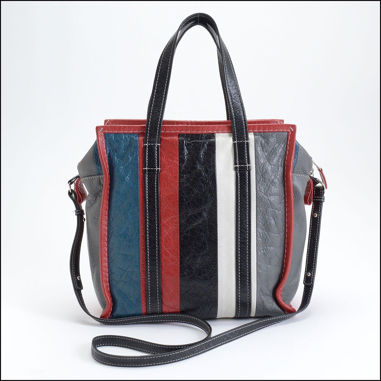 RDC13599 Authentic BALENCIAGA Multicolor Striped Leather Bazar Small Tote Bag with Strap