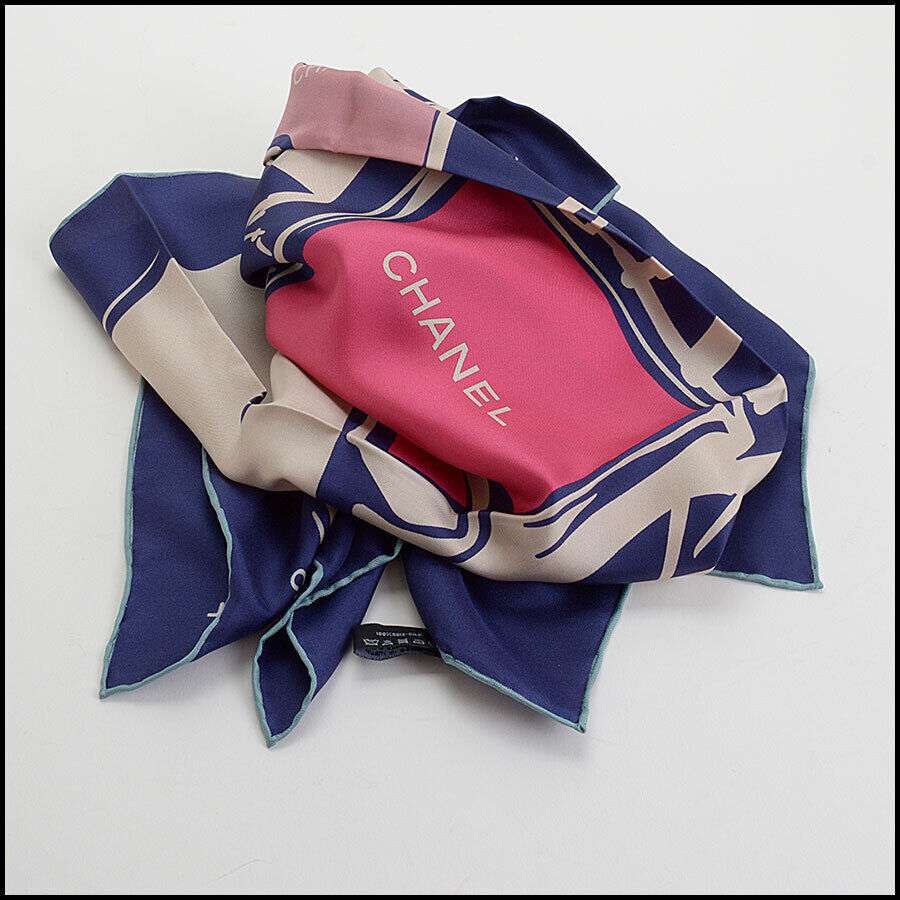 RDC12656 Authentic Chanel Navy/Beige/Pink Multishape Handbags 90cm Silk Scarf