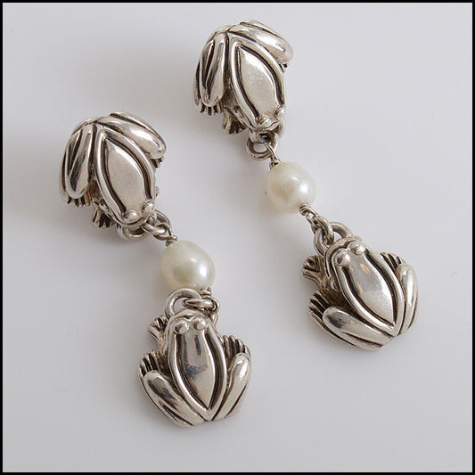 RDC12565 Authentic Barry Kieselstein-Cord Sterling Frog Pearl Drop Clip Earrings