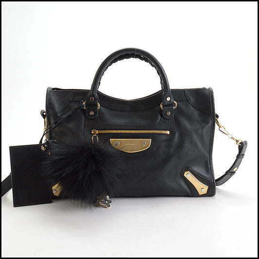 RDC13135 Authentic Balenciaga Black Calfskin Gold Metal Plate City AJ Bag