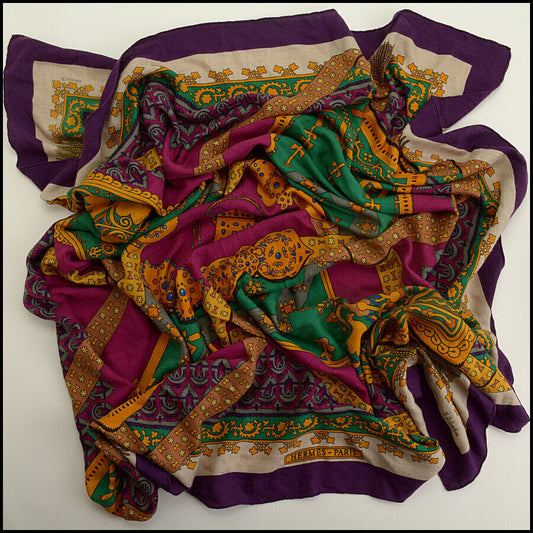 RDC12449 Authentic Hermes Purple Multicolor Brins d' Or Cashmere/Silk GM Shawl