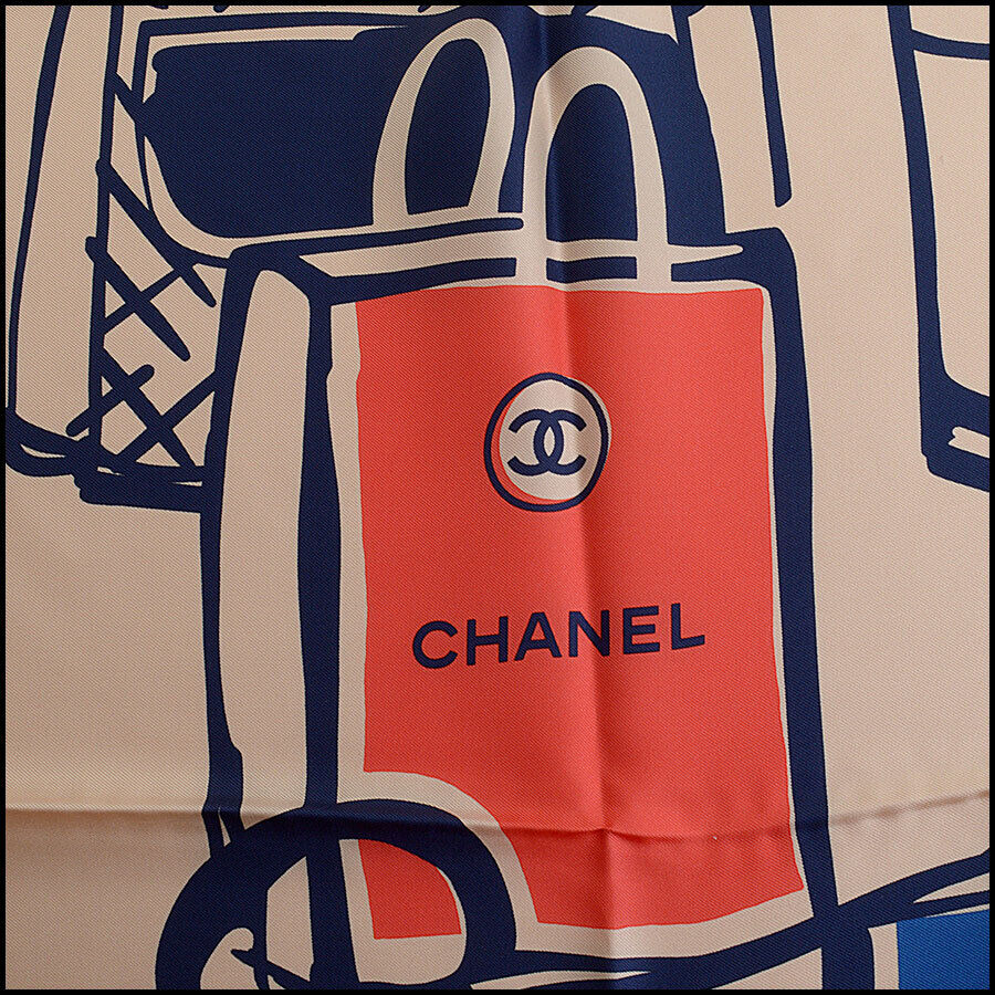 RDC12657 Authentic Chanel Beige/Navy/Red Multishape Handbags 90cm Silk Scarf