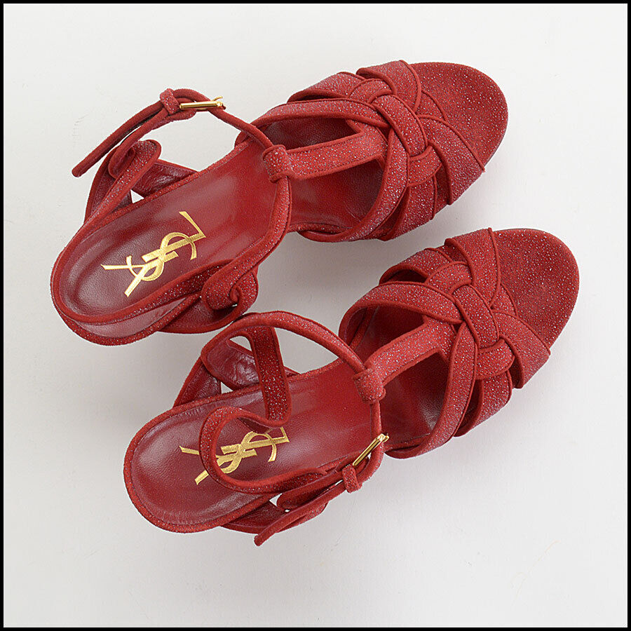 RDC13379 Authentic SAINT LAURENT Red Platform T-Strap High Heel YSL Sandals size 38
