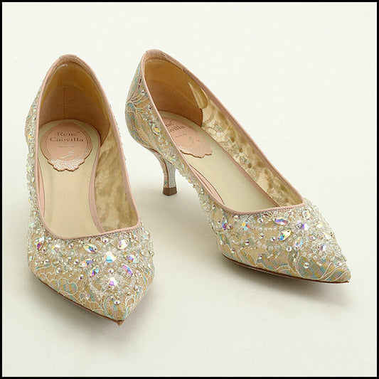 RDC12191 Authentic RENE CAOVILLA Cinderella Kitten Heels Size 36.5